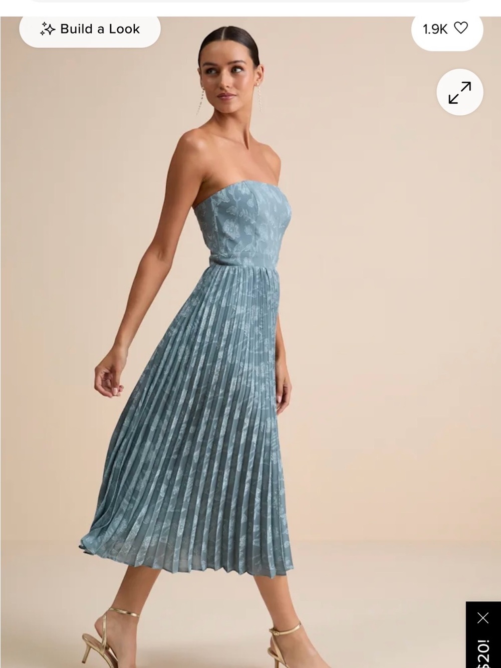 Strapless Pleated Midi Dress in Dusty Blue